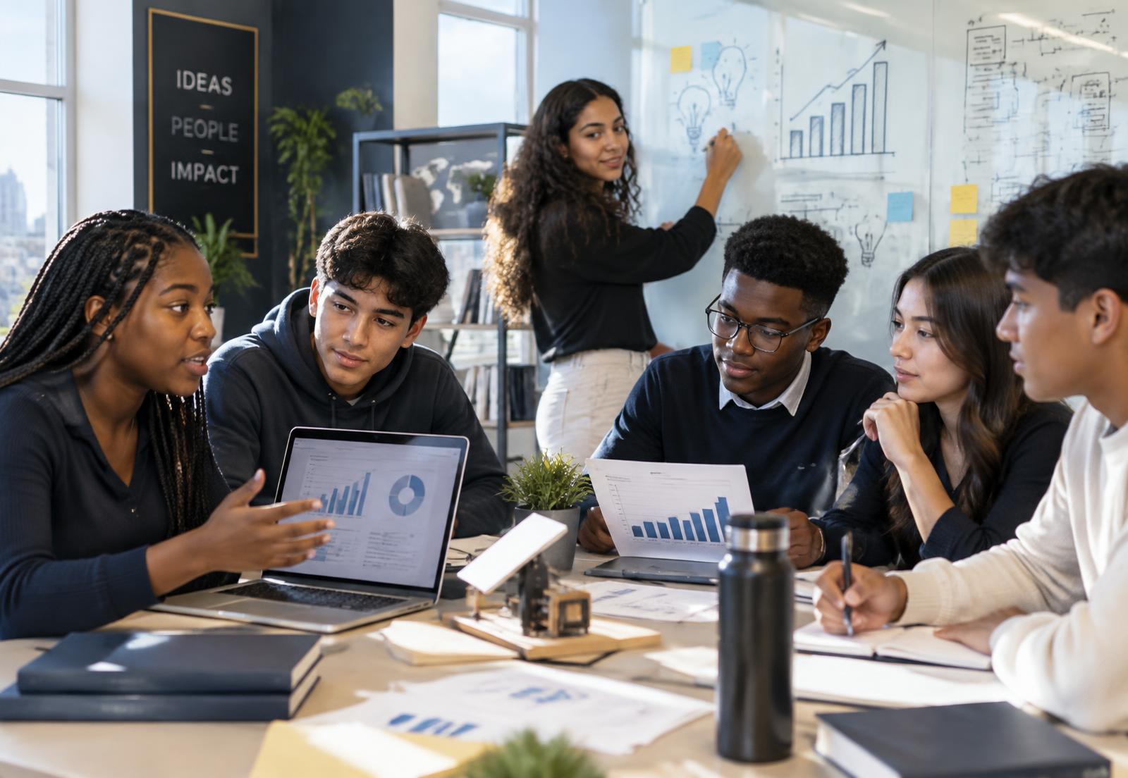 Black and Hispanic high-school founders collaborating on financial forecasts and business strategy